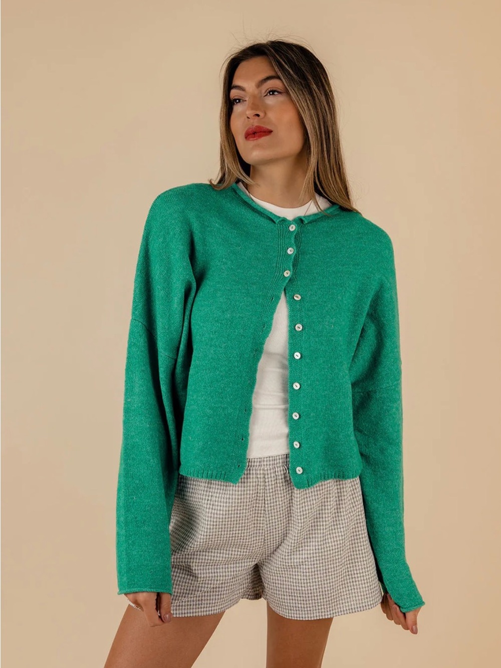 Things Between Crewneck Button-Front  Kelly Green Women's Sweater.